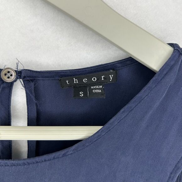 Theory Silk Ruffled Navy Tank Size S Sleeveless Party Cocktail Norm Core Top - Picture 2 of 7